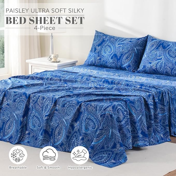 Bedlifes Twin Sheet Set Ultra Soft, Breathable, Silky Flower Deep Pocket 100% Microfiber Bedding, 3 Piece Twin Size Paisley Dark Navy Blue