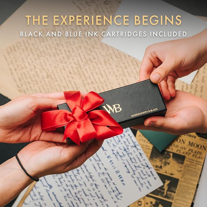 Wordsworth and Black Fountain Pen Mini EDC: Luxury Blue Heavy Pocket Pen, Chrome Finish, Medium Nib, 6 Ink Cartridges, Ink Converter, Travel Refillable Writing Pen Gift Set, Men & Women