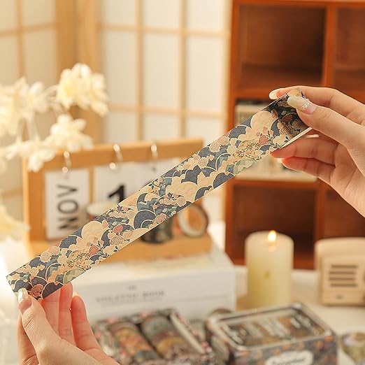 Songdao 12 Rolls Kyoto Charm Washi Tape Set Japanese Arts Adhesive Tapes Geometric Garden Decorative Masking Tape Sets for Craft, Kids, Scrapbook, DIY, Gift Wrapping (Azure Tranquility)