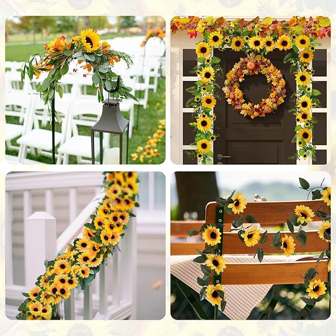2 Pack Artificial Sunflower Garland with Lights Decor,Fake Hanging Sunflower Vines with Green Leaves,Silk Girasoles Flower Garlands for Birthday Wedding Tables Centerpieces Party Garden Decor