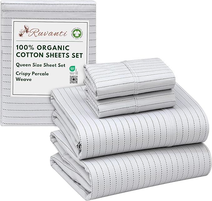 RUVANTI 100% Organic Cotton Sheets Queen Size, Percale Weave, GOTS Certified, 4-Piece Set, Deep Pocket 15", Crisp & Breathable, Soft Durable Bedding, Sábanas Algodón Orgánico – Construction Line
