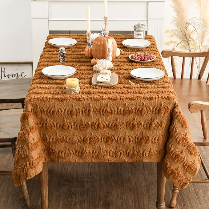 Horaldaily Fall Tablecloth 60x84 Inch Rectangular, Caramel Soft Plush Faux Fur Pumpkin Table Cover, Thanksgiving Autumn Harvest Dining Table Decoration for Home Party Dinner