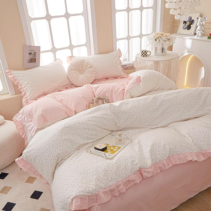 Pink Flower Duvet Cover Twin Chic Floral Print Ruffle Duvet Cover Cotton Lace Comforter Cover Country Style Floral Bedding Set Romantic Ruffle Comforter Cover Flower Bedding Cover with 2 Pillowcases