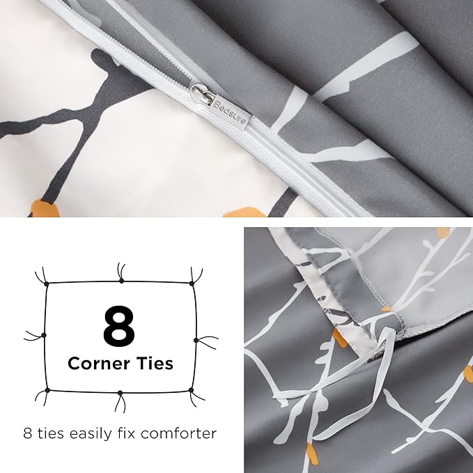 Bedsure Duvet Cover Twin Size - Reversible Botanical Duvet Cover Set with Zipper Closure, 2 Pieces Grey Bedding Set with 8 Corner Ties and 1 Pillow Sham 20"x26"