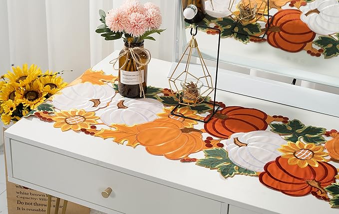 Thanksgiving Table Runner Embroidery Cutout Pumpkin Fall Table Runners Kitchen Decor Party Table Decorations 16x72 inch