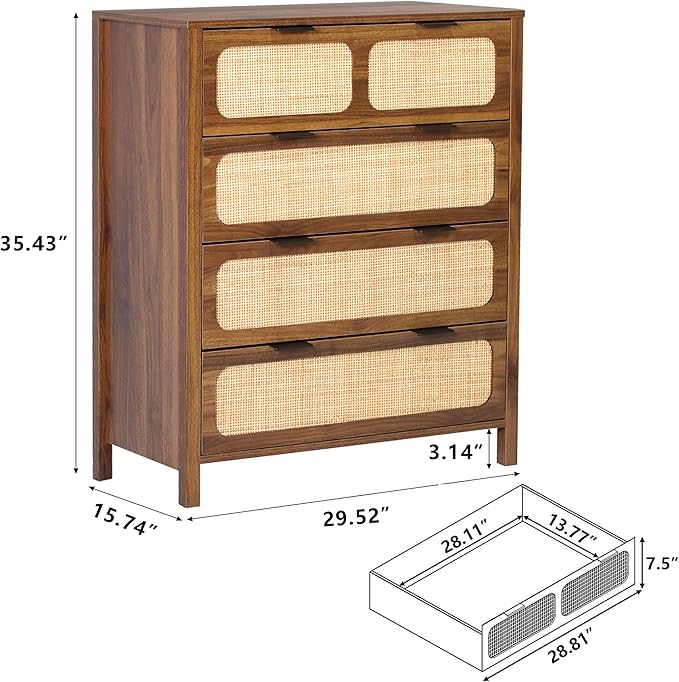 LEVNARY 4 Drawer Dresser for Bedroom, Rattan Dresser Drawers Storage Cane Cabinet, Wooden Chest of Drawers for Bedroom, Entryway, Living Room (1, Walnut)