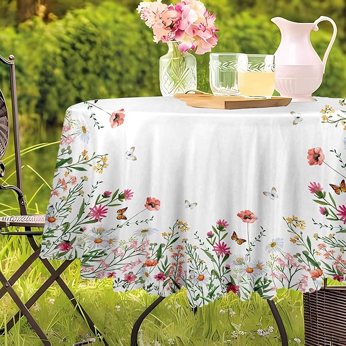 Eikione Round Tablecloth Floral Table Cloth, Colorful Tablecloths Polyester Waterproof Stain Wrinkle Free, Circle Tablecloth Indoor and Outdoor Table Cover for Home