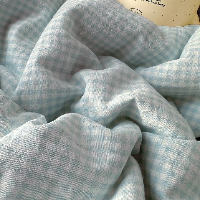 LifeTB Blue Gingham Comforter Set Full Size Romantic Lace Style Checkered Plaid Comforter Set 3 Pieces Blue Grid Bed Comforter with 2 Pillowcases Soft Fluffy Farmhouse Plaid Gingham Bedding Set
