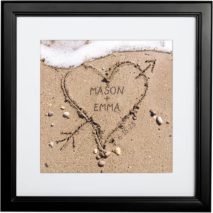 Let's Make Memories Personalized Printed Wall Art For Couples - Engagement, Wedding, Newlyweds, Anniversary - Home Decor - Heart in Sand - Framed Print - 16x16