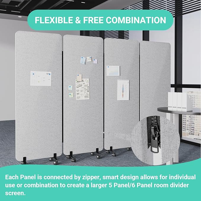 Soundproof Room Divider W/Wheels, 66in Office Dividers for Sound Proofing & Reducing, Sound Proof Dividers for Office Partitions Portable Acoustic Wall Divider (Cool Grey, 4 Panel-95''Wide)
