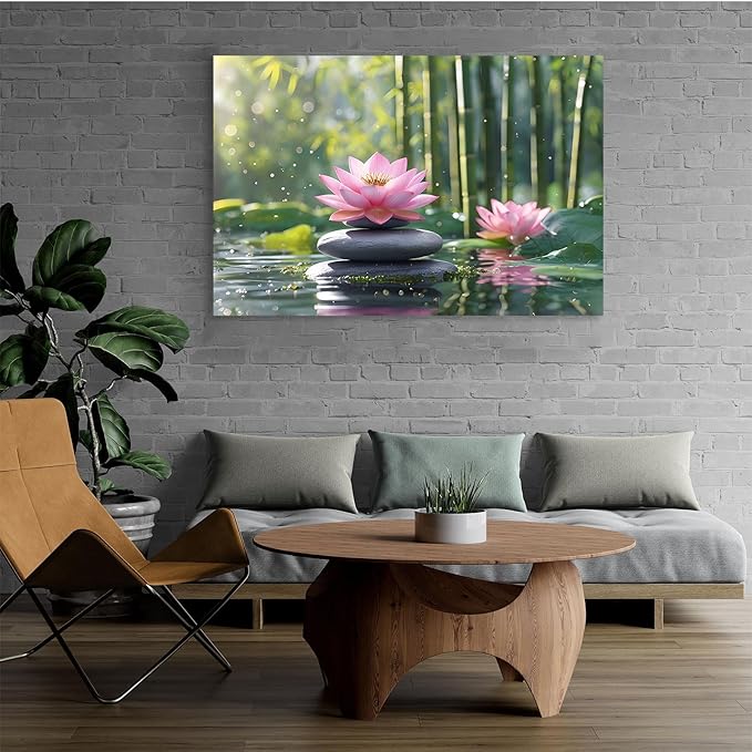 Ethereal pink lotus on obsidian Sunlit bamboo forest with sparkling water drops Poetic nature inspired wall art for tranquil homes and mindful spaces 12x18in Frameless