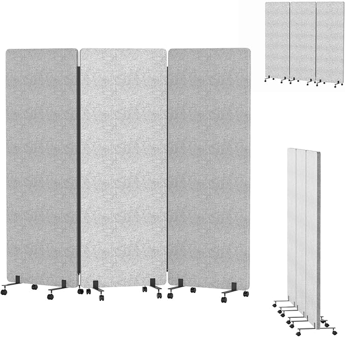Soundproof Room Divider Panel with Wheels, 66in Portable Office Partition Screen, 3 Panel Temporary Wall Divider for Sound Proof Separation, Cubicle Privacy Panels for Desk (Light Grey)