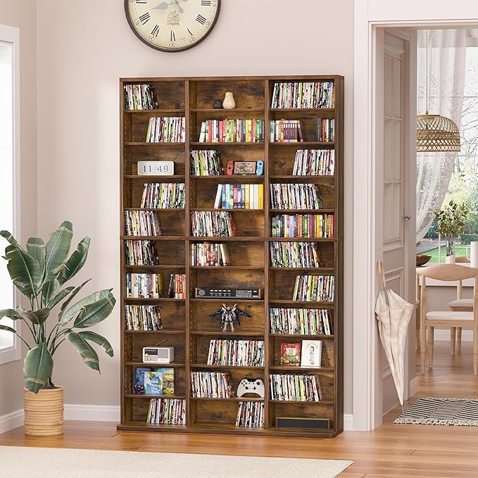 LELELINKY 11 Tier Tall Display Cabinet, Brown Media Storage Cabinet with Adjustable Shelves, Free Standing DVD Organizer Shelf, Floor Multimedia Storage Manga Bookshelf for Living Room & Home Office.