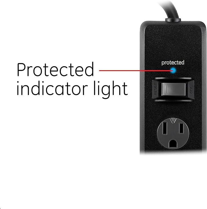 GE 6-Outlet Surge Protector, 20 Ft Extension Cord, Power Strip, 800 Joules, Flat Plug, Twist-to-Close Safety Covers, Protected Indicator Light, UL Listed, Black, 50769