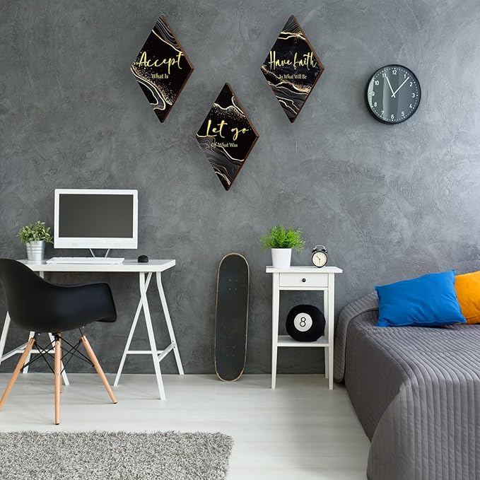 3 Pcs Black And Gold Bathroom Decor Gold Wall Decor with Accept Let Go Have Faith Quote Rustic Vintage Farmhouse Wooden Hanging Signs for Women Home Laundry Living Room Bedroom(Black Gold, 12 x 7Inch)