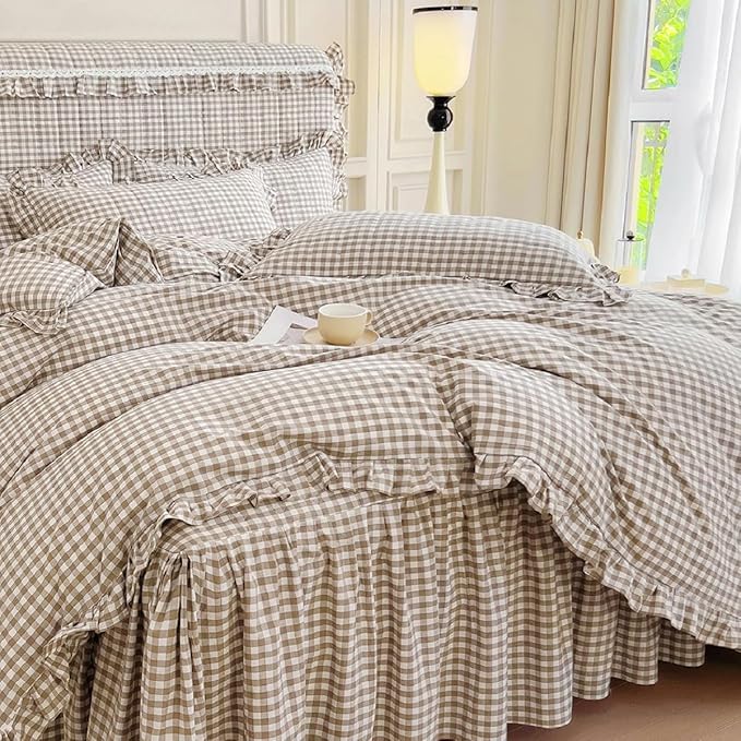 LifeTB Tan Gingham Comforter Set King Vintage Ruffle Beige Taupe Plaid Comforter Set 3 Pieces Soft Fluffy Grid Checkered Pattern Comforter with 2 Pillowcases Farmhouse Gingham Plaid Bedding Set