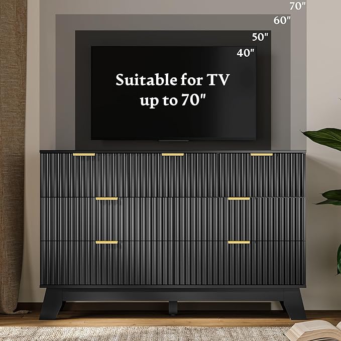 HUANLEGO Fluted Dresser for Bedroom with 7 Drawer, Mid Century Modern Chest of Drawers, 48" Wide Natural Wood Dresser for Closet, Wooden Boho Chest Closet Storage TV Stand for Bedroom, Black