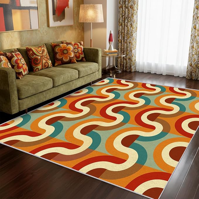 70s Retro Rug 5x7 Checkboard Striped Groovy Pop Pattern Area Rugs for Living Room, Bedroom, 70s Retro Home Decor Accessories Indoor Carpet, Non Slip & Machine Washable, GD0356