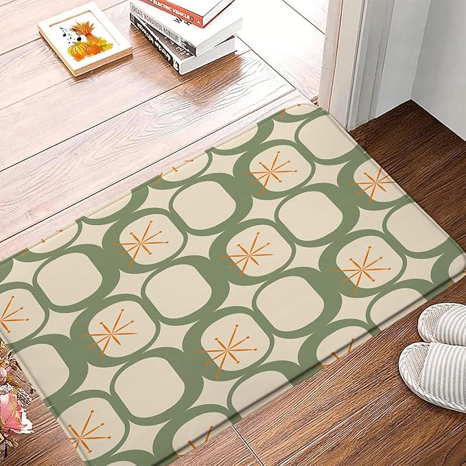 Mid Century Modern Bath Mat Abstract Atomic Geometric Retro 1950s Sage Green Bathroom Kitchen Toilet Rugs,24x48 Inch