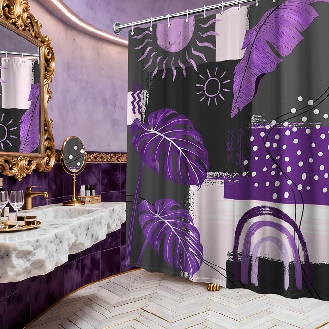 Purple and Gray Mid Century Modern Shower Curtain Bohemian Abstract Dark Purple and Grey Shower Curtains for Bathroom Decor Sets, Waterproof Cloth Fabric with Hooks, 70x78 Inch