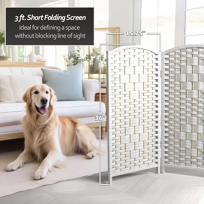 Red Lantern 3 ft. Short Diamond Weave Fiber Folding Screen - White - 8 Panel