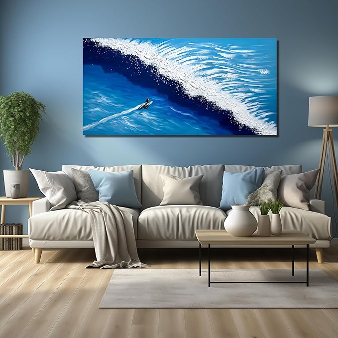 Blue and White Pictures for Wall Bedroom Ocean Hand Painted Wall Art for Office Large Canvas Wall Art for Living Room Size 29 x 58 Inch