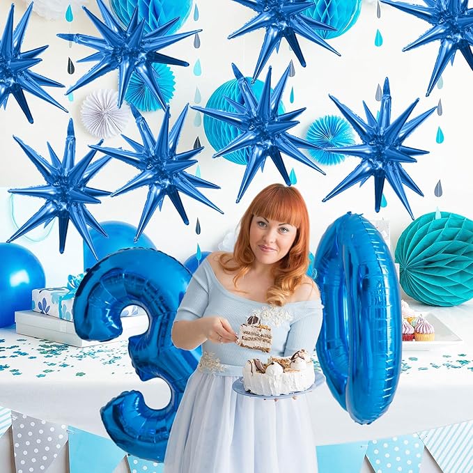 Blue Star Balloons,9Pcs 22Inch Blue Explosion Spike Cone Helium Polyester Film Star Foil Balloons for Birthday Anniversary Baby Shower Wedding Disco Party Decorations