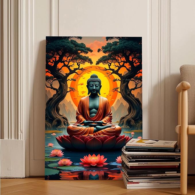 Canvas wall art Golden Buddha on lotus at sunset Ancient trees with reflections on water Serene meditation scene Uplifting wall art for mindfulness and tranquil home decor 24x36in Wood Framed