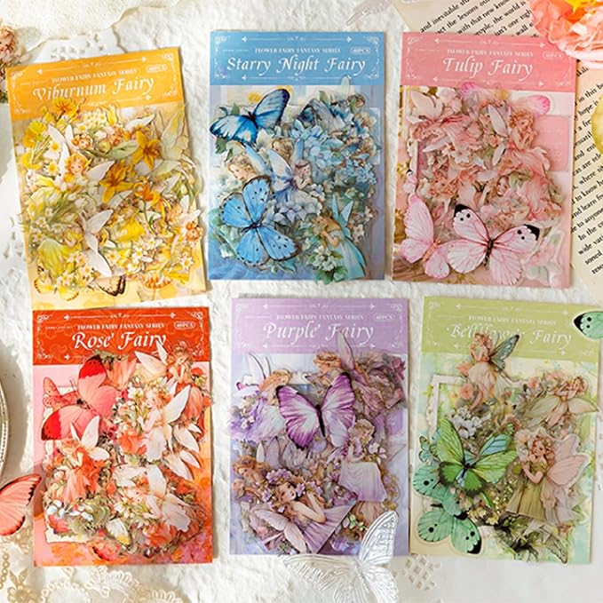 SIBLYMONA Vintage Fairy Stickers 240Pcs Transparent Stickers for Scrapbooking Journaling, Floral Butterfly Cottagecore Junk Journal Scrapbook Supplies, Rub On Transfers for Crafts (240, Pink&Blue)