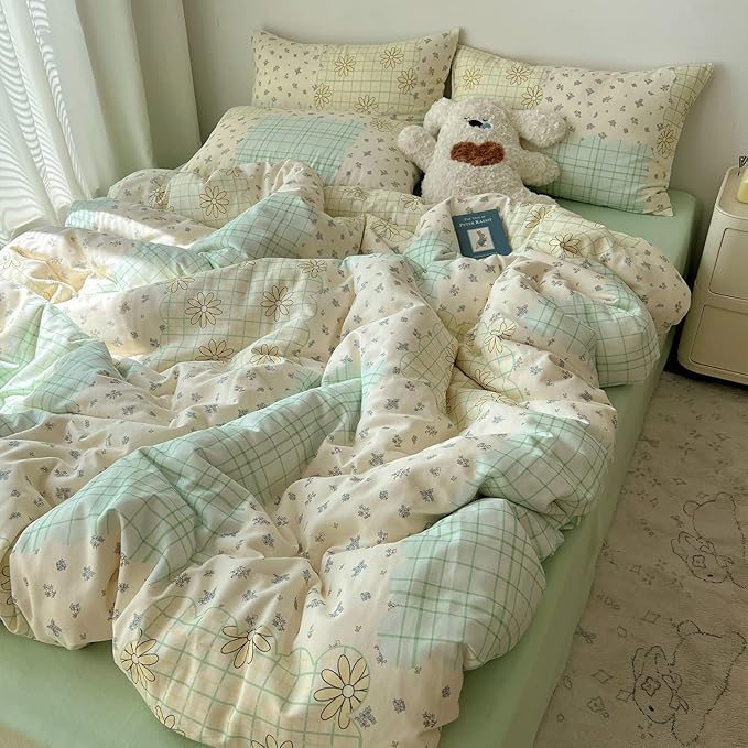 LifeTB 100% Cotton Muslin Duvet Cover Twin Aesthetic Floral Comforter Cover with Botanical Flower Cute Plaid Design Ultra Soft Cottagecore Bedding Set Breathable Gauze Duvet Cover with 2 Pillowcases