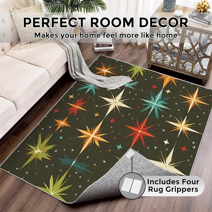 Atomic Rugs for Bedroom 6x9 ft, Abstract Starburst Area Rugs for Living Room, Washable Non Slip Low Pile Mid Century Modern Carpet, Home Decor PF-P 107