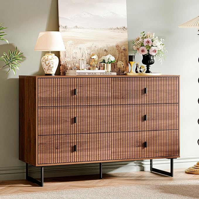 Chrangmay Modern Chest of Drawers with 6 Drawers,Deep Drawers,Clothes Organizer,Large Storage Cabinet for Living Room, Bedroom,Hallway,with Anti-Tipping Device,Brown