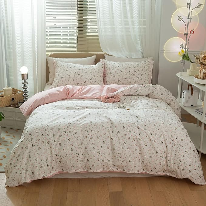 LifeTB Garden Style Duvet Cover Floral Print Bedding Sets King Pink White Floral Comforter Cover Cotton Chic Flower Print Duvet Cover for Girl Women Boho with Zipper Closure 4 Ties