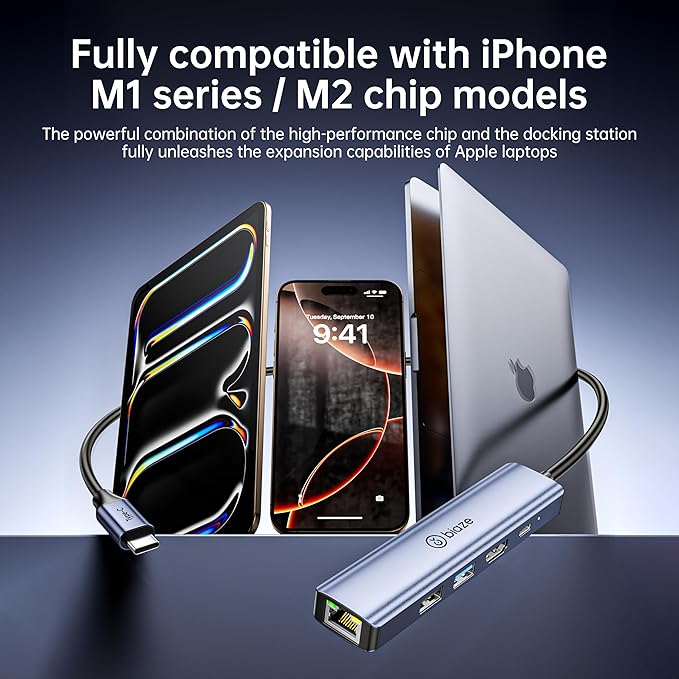Biaze 4K60Hz USB-C Hub, 5-in-1 USB-C to HDMI Adapter Supports 100W PD Fast Charging, 100Mbps Ethernet, 4K@60Hz HDMI, USB 3.0 Compatible with MacBook Pro/Air, Laptop Type-C Docking Station