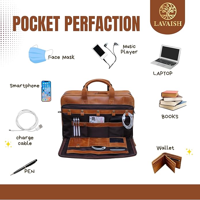 LAVAISH Handmade Full-Grain Leather Briefcase for Men & Women–17" Laptop Bag with Computer Compartment Office Satchel Bag
