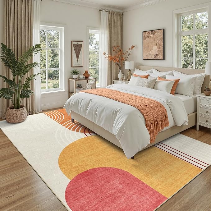 DCX Abstract Machine Washable 8x10 Rug, Mid Century Modern Rug for Living Room, Soft Low Pile Non Slip Carpet, Kid & Pet Friendly Stain Resistant Rug for Bedroom Dining Room Office, Orange & Yellow