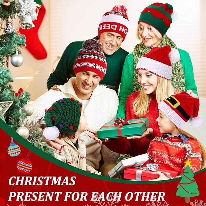 Vicenpal 6 Pcs Christmas Knitted Hat Xmas Beanie Hat Bulk Crochet Knit Cap Set Printed Wool Bulk