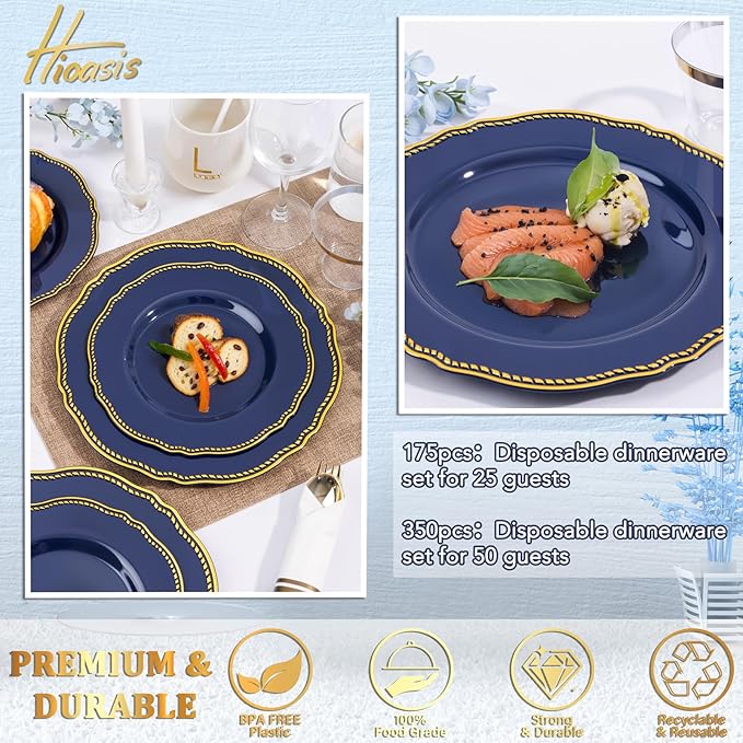 Hioasis 175pcs Blue Gold Plastic Plates - Gold Plastic Dinnerware Set Includes 25 Dinner Plates, 25 Dessert Dinnerware, 25 Cups, 25 Napkins Perfect for Christmas & Party