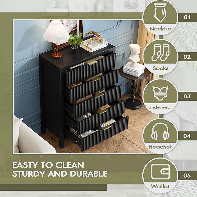 JZXSHD 43" 5 Drawer Dresser Tall Dresser Organizer TV Drawer Cabinet Modern Wood Storage Cabinet, Modern Wood Storage Cabinet for Bedroom, Hallway, Entryway, Black