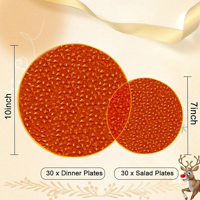 Rubtlamp 60Pcs Amber Plastic Plates - Brown Disposable Plates With Gold Rim, Clear Heavy-duty Party Plates, Hammered Plates Include 30 Dessert Platos, 30 Dinner Platos for Thanksgiving, Christmas
