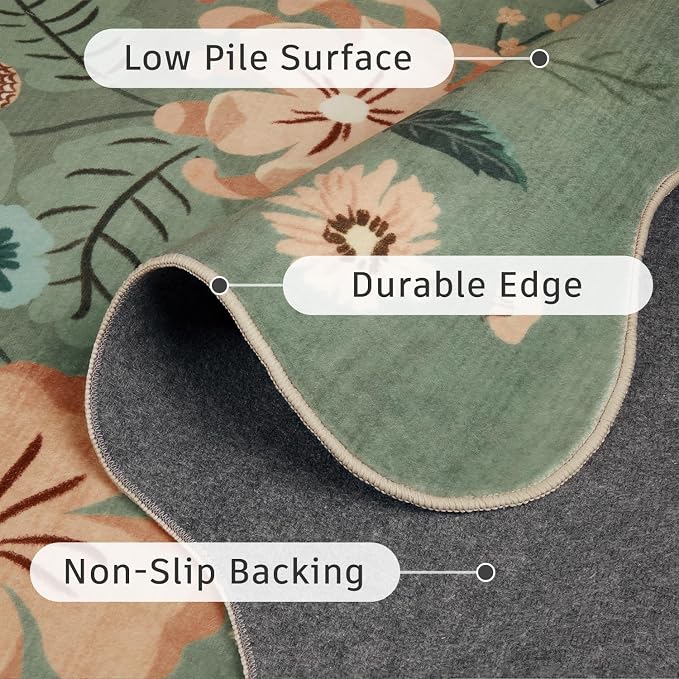 DCX Vintage Floral Rug 3x5, Washable Sage Green Rug for Living Room, Kid & Pet Friendly with Rubber Back Non Slip, Soft Low Pile Carpet, Stain Resistant Rug for Kitchen, Bedroom, Laundry, Bathroom