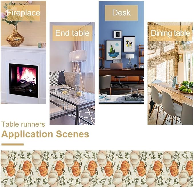 Fall Pumpkin Table Runner White Orange Vegetables Seeds Parsley Watercolor Hand-Painted Illustration Home Decor for Farmhouse Indoor Outdoor Party Holiday Dining Kitchen Restaurant Cafe W13xL72in