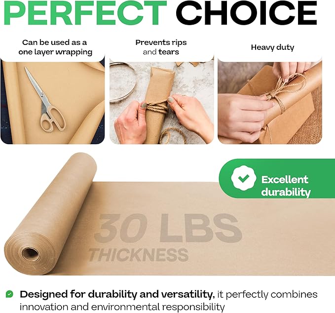 IDL Packaging Brown Kraft Paper Roll 48" x 2160" (180 feet), 30lb Thickness - USA-Made Brown Wrapping Paper for Packing, Moving, Shipping, Crafts, Arts, Party - 100% Recycled Gift Wrap Material