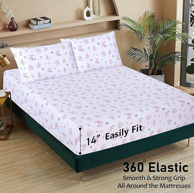 RUVANTI 100% Cotton California King Sheet Sets, 4 Pieces, Soft & Breathable Percale Weave Bedding, Deep Pocket 14", Hotel Standard, Crisp Cool Feel & Durable, Perfect Floral Sheets, Funa Flora