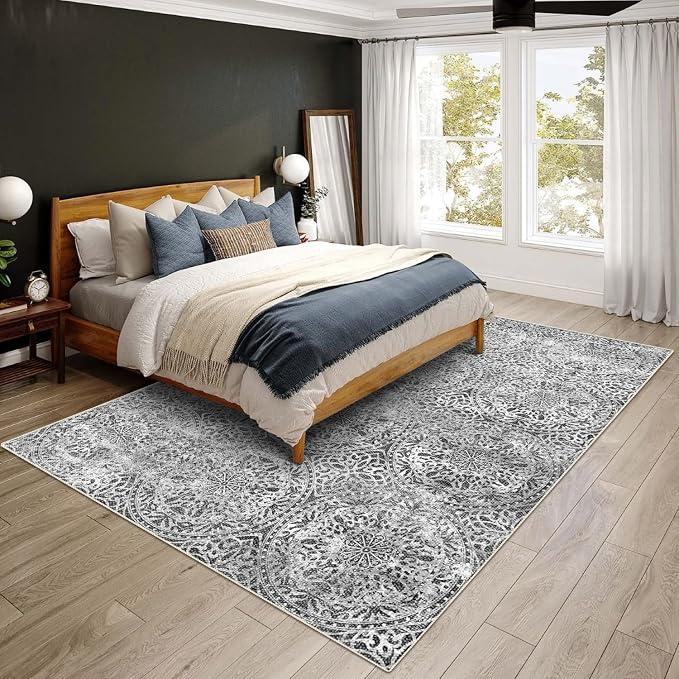 vivorug 5x7 Area Rugs - Ultra-Thin Washable Rug with Non-Slip Backing, Ideal for Living Room, Bedroom, Kitchen Floor Carpet - Vintage Medallion, Easy Clean, Durable, Grey