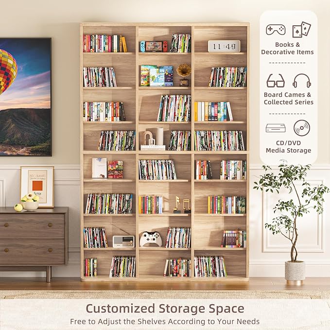 LELELINKY 8 Tier Tall Display Cabinet, Natural Media Storage Cabinet with Adjustable Shelves, Free Standing DVD Organizer Shelf, Floor multimedia storage manga bookshelf for Living Room & Home Office.