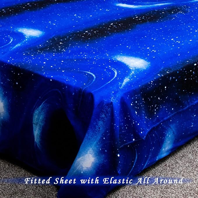 Bedlifes Galaxy Outer Space Sheet Set, Galaxy Themed, 3 pcs Including Flat Sheet, Fitted Sheet, and 1 Pillowcase (Light Blue Queen)
