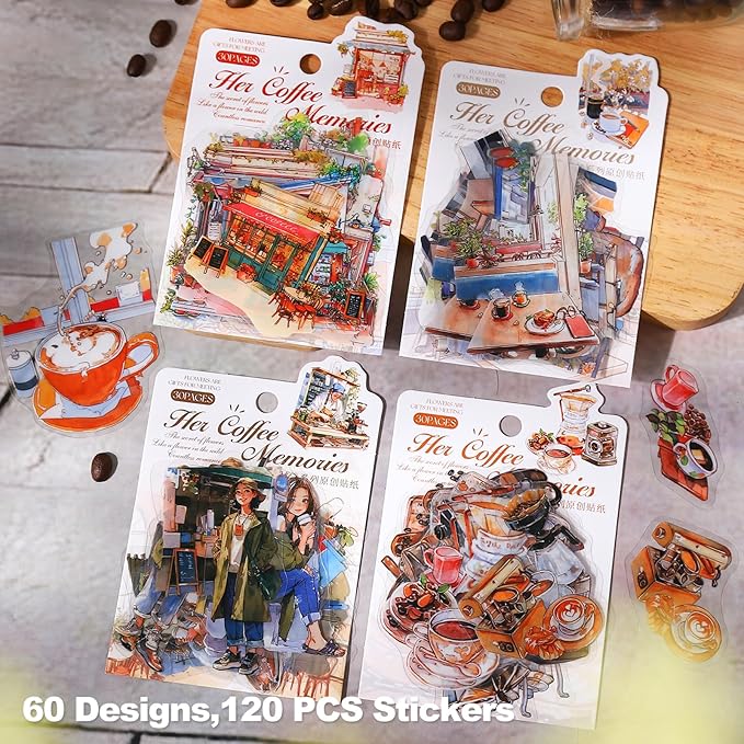 AuriicLeaf Coffee Memories PET Stickers, 120 PCS Vintage Cafe Scene Stickers for Scrapbook, Journals, Planners and DIY Craft Decoration