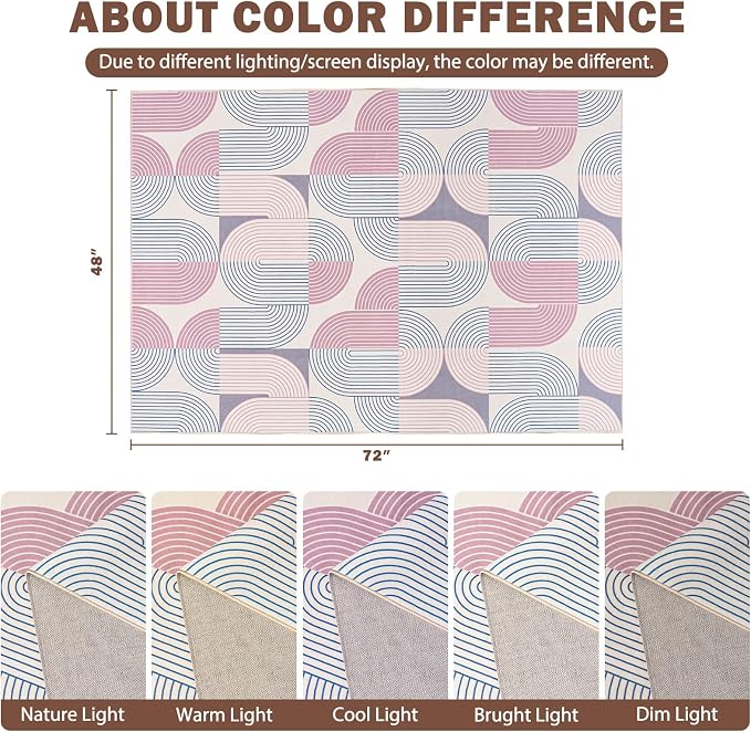 Living Room Rugs 4x6, Washable Modern Geometric Mid Century Rug for Bedroom, Soft Non-Slip Indoor Floor Boho Abstract Carpet for Dining Room Nursery Home, Pink/Purple