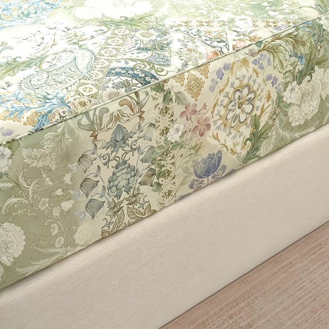 Zusbest California King Sheets Luxury Sage Green Floral Bed Sheet Set 100% Cotton, Satin Weave Soft Silky Breathable for Hot Sleepers American Country Vintage Flower Deep Pocket 17.5‘’ Bed Set 4Pcs
